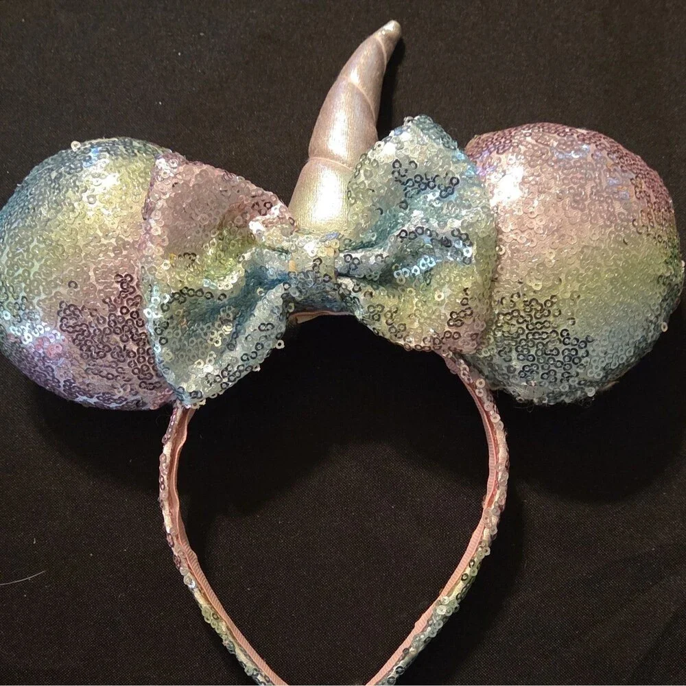 Disney Minnie Mouse Unicorn Sequin Bow Ears Headband Multicolor Glitter